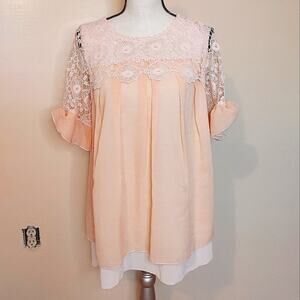 Simply Couture Pale Pink Blouse Size Medium M Lace Crocket Short Sleeve Sheer